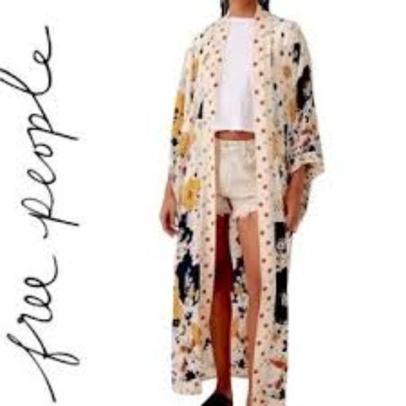 Free People Hidden Hills Floral Flowy Maxi Kimono Duster in Ivory & Yellow OS - Picture 6 of 10